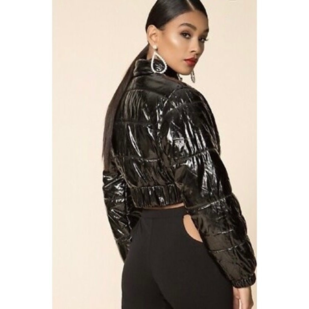 Superdown Black Cropped Puffer Jacket Glossy Viny… - image 2